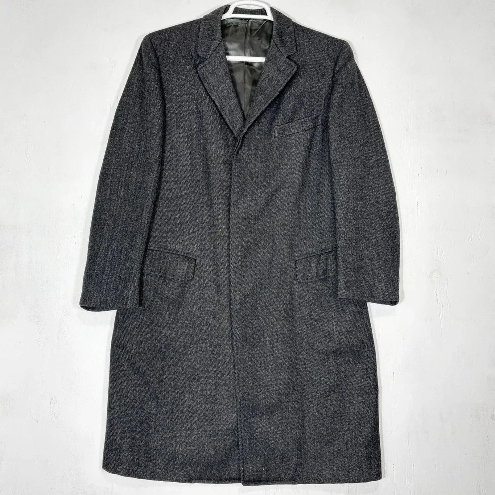 VTG‎ 60s Mens L AD Gallagher Grey Herringbone Wool Overcoat Union Made Long Coat